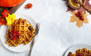 food frame for writing text with an autumn still life with pumpkins and waffles. pumpkin waffles on a bright autumn table. autumn, halloween, holidays, holiday, halloween food, autumn menu, concept.