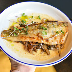 fish white fried pike perch yellow on top on a plate chiba grilled dish delicious