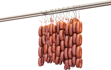 Turkish food bacon (pastirma) hanging on luxury delicatessen counter. traditional appetizer of the month of ramadan.