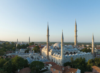 Fototapeta na wymiar Mosque with Three Balconies(Uc Serefeli Mosque) Drone Photo, Edirne Turkey