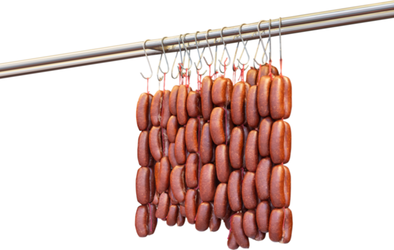 Turkish food bacon (pastirma) hanging on luxury delicatessen counter. traditional appetizer of the month of ramadan.