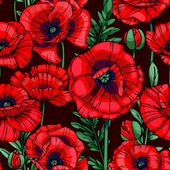 scarlet red poppies seamless  pattern, flowers, leaves and stemspoppies seamless  pattern