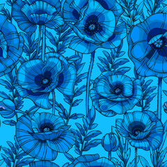 blue poppies flowers and leaves seamless  pattern