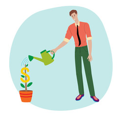 Investment and financial growth concept. Deposit. Savings increasing on bank account. Investor, profitable return on investments. Dollar tree. Flat vector illustration. 