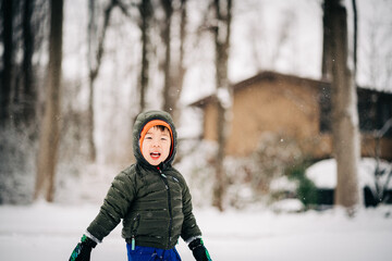 portrait of a cute boy playing in winter