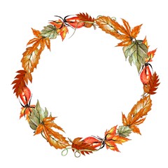 Watercolor Fall wreath, autumn frame with leawes and berries, isolated on white background
