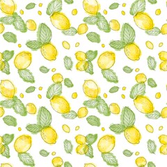 Pattern with lemons. Watercolor bright drawing of yellow and green colors. Print for fabric and postcards.
