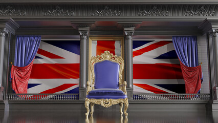 red carpet with barriers leading to the UK throne, queen throne with UK flag in the background, 3D render