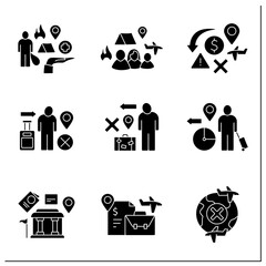 Migration glyph icons set. Emigration and immigration. Forced movement. Searching for better living conditions. Migration concept. Filled flat signs. Isolated silhouette vector illustrations
