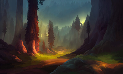 Fantasy Deep Forest, Casual Game Style, Digital Art Illustration