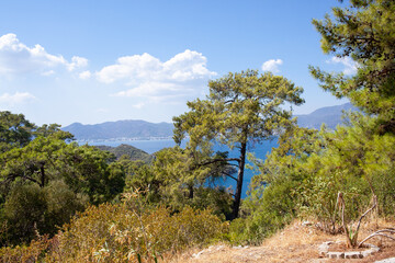Obraz premium Landscape view of sea bay in Turkey from above. Seascape with blue sea water and mountains with green trees.