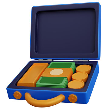 3d rendering suitcase filled with money and gold isolated