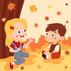 Autumn background with cute kids illustration