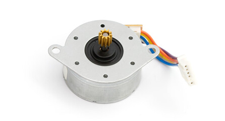 Electronic stepper motor with colorful wires on a white background. Macro photo. Background picture.