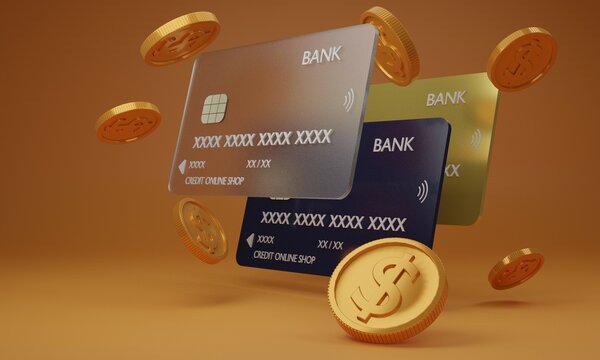 coin floating serround credit card.transaction concept.Cashback and banking,money-saving.money transfer online.Mock up empty screen copy space.3D rendering illustration.