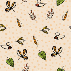 Autumn seamless pattern with different leaves and plants, seasonal colors. Perfect for wallpaper, gift paper, pattern fills, web page background, autumn greeting cards. Vector illustration