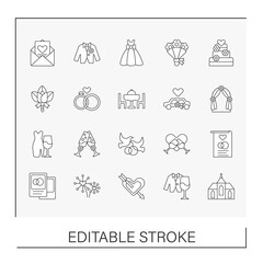 Wedding line icons set. Happy moments. Wedding ceremony and celebration for couple and guests. Party concepts. Isolated vector illustrations. Editable stroke