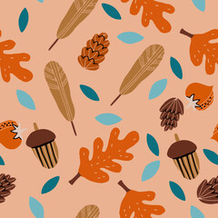 Vector hand drawn pattern with autumn elements: foliage, berries and acorns on the beige background. Maple, sycamore, birch, beech and oak tree leaves. Vector illustration