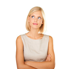 Thinking, doubt and confused about a question or idea by a woman making a decision about business...