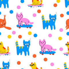 Seamless pattern with cool colored cats. A cat on a skateboard, a cat listening to music with headphones, a cat with a cigarette and a cat with glasses. Retro colors, vector illustration.