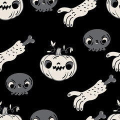 Vector Halloween seamless pattern. Grey icons of skull, pumpkin and hands zombie. Design elements for halloween party poster. Flat cartoon illustration.
