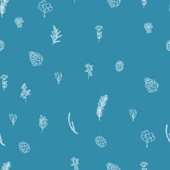 Seamless pattern with branches and pine cone on blue background. Christmas and New Year background. Vector illustration