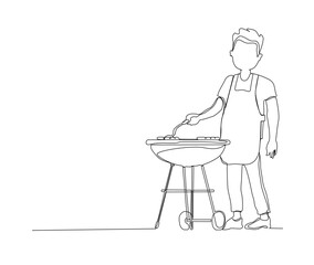 Continuous one line drawing of man cooking sausage on barbecue grill. single line of man cooks a barbecue , minimalism style.