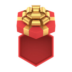 Christmas red hexagonal gift box with open lid top view. Festive present with gold ribbons and fluffy bow