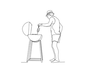 Continuous one line drawing of old man cooking sausage on barbecue grill. single line of man cooks a barbecue , minimalism style.