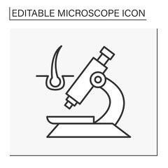  Researching line icon. Analyzing hair follicles by microscope. Hair loss. Science concept. Isolated vector illustration. Editable stroke