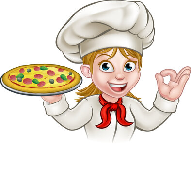 Cartoon Chef Woman and Pizza