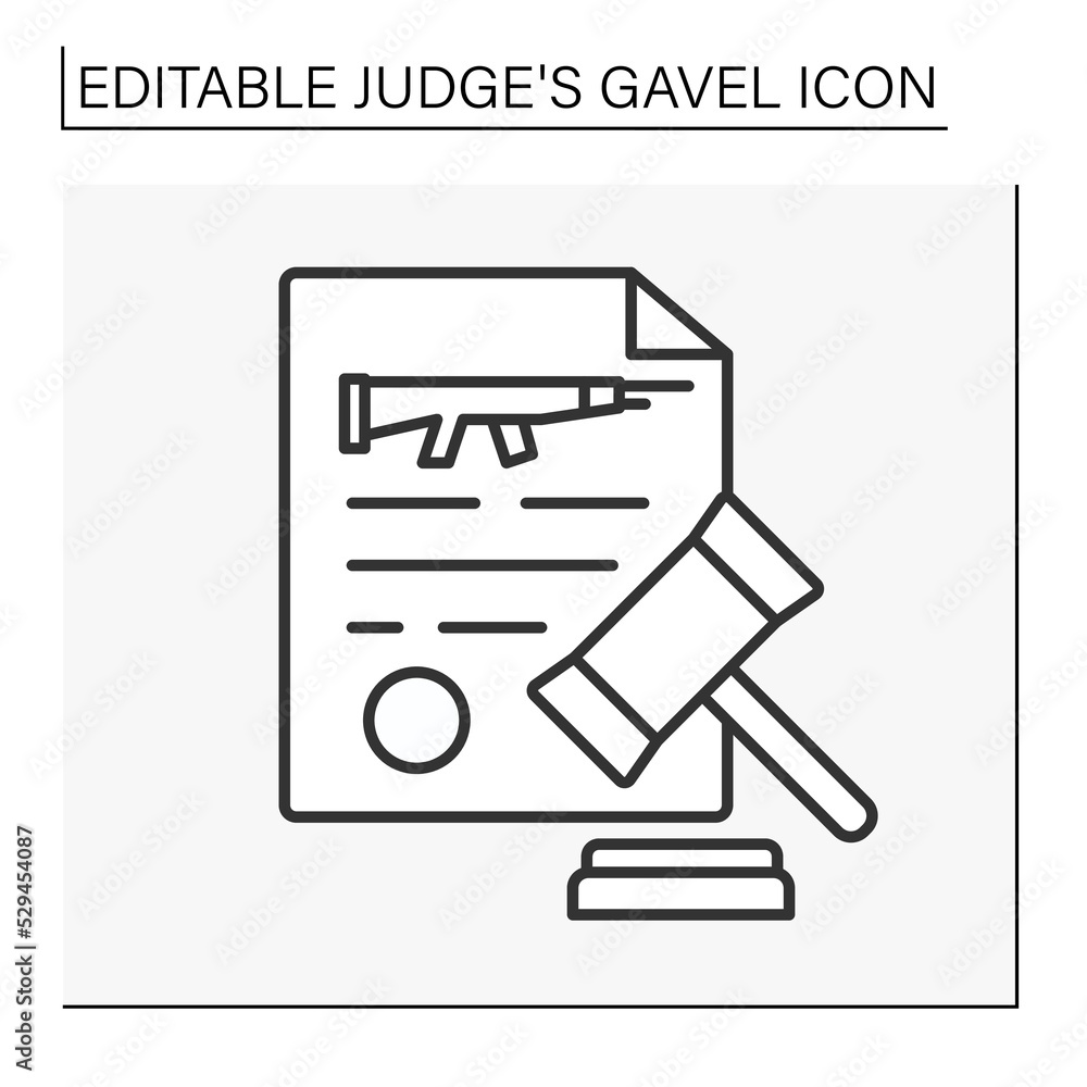 Poster document line icon. court. punishment for illegal weapons use. judge decision. judge gavel concept. 