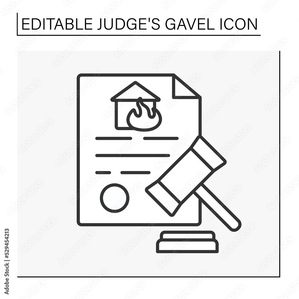 Poster document line icon. court. flames spread on property. judge decision. judge gavel concept. isolate v