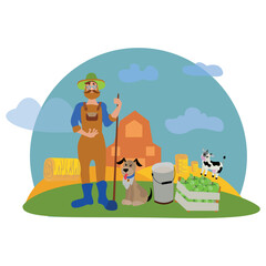 Farmer with a dog and a pig on a rural background. Vector illustration.