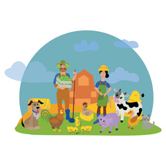 Farmers and pets on a rural background. cow, dog, chicken, rooster, goose, pig.Vector illustration