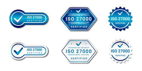 ISO 27000 Certified Label Stamp. Information Security Management Systems Sign. With check icon. On gradient blue and white color. Premium and luxury emblem vector template