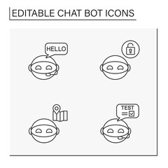 Chatbot line icons set. Bot help users. Communication and recommendations. Robot concepts. Isolated vector illustrations. Editable stroke