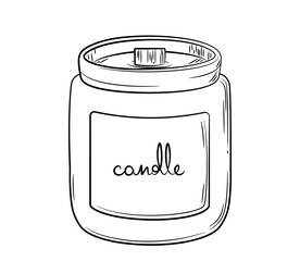 Candle in a jar with a hand-drawn label. Line drawing of a simple candle in a glass holder with a wooden wick. Doodle sketch style. Isolated vector illustration in a linear style.