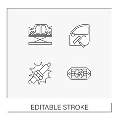  Car service line icons set. Fixed broken things inside the car, Repair garage. Transport concepts. Isolated vector illustrations. Editable stroke