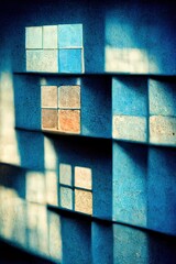 Abstract square cubes, rectangles and beautiful chalk texture blue colored blocks with shadows - shallow depth of field bokeh blur makes for stunning background art to compliment your designs.