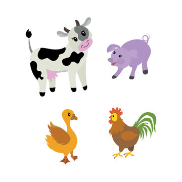 Pets.Cow.Pig.Goose.Rooster. Vector illustration isolated on white background.