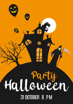 Halloween party invitation with scary grim reaper and balloon or moon, cat, castle. Happy Halloween holiday. Poster or web banner with black and yellow background for school. Vector illustration