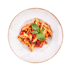 Portion of italian pasta arrabiata with basil
