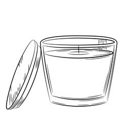 Wax candle in glass holder with wooden lid. Sketch in doodle style. Isolated vector illustration with strokes.