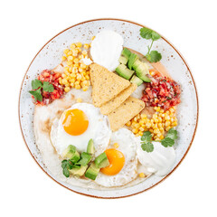 Portion of mexican style breakfast with fried eggs