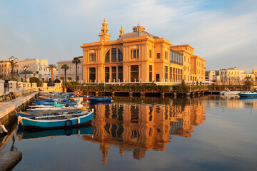 Bari - The panorama of harbor and Teatro Margherita in the morning light.