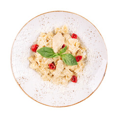 Portion of farfalle chicken alfredo pasta