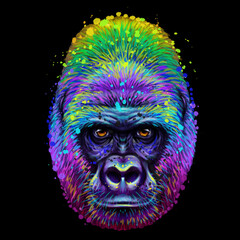 Gorilla. Abstract, neon portrait of a gorilla in the style of pop art on a black background. Digital vector graphics.