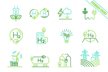 Green hydrogen production. Icons collection. Pictograms set