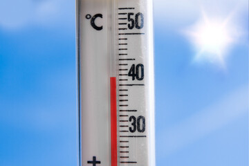a weather thermometer reaching high temperatures over 40 degrees during heat wave in europe on a...